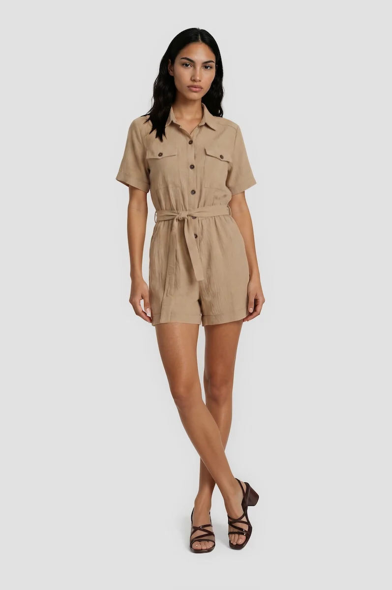 Short Sleeve Button Down Romper - Camel
