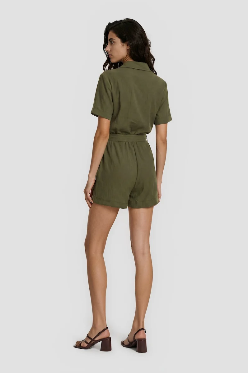 Short Sleeve Button Down Romper - Olive - Image 2