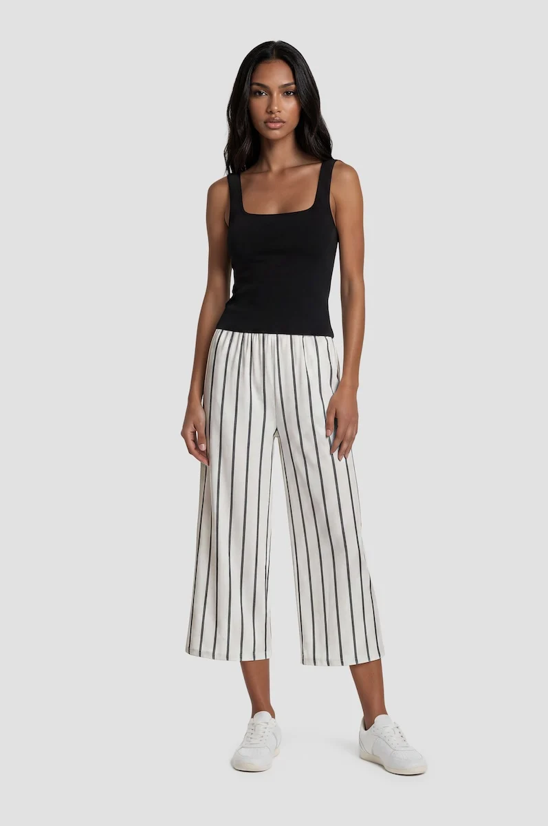 Striped Wide Leg Cropped Pants - White