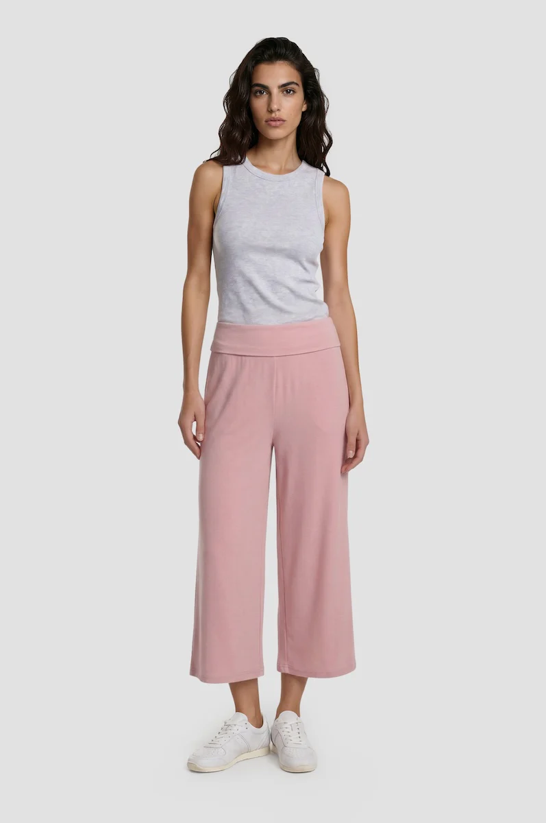 Foldover Wide Leg Cropped Pants - Pink