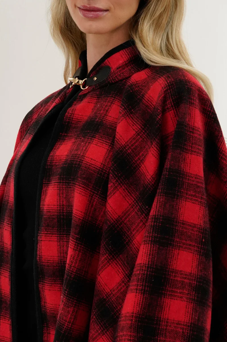 Tartan Plaid Poncho - Red - Image 4