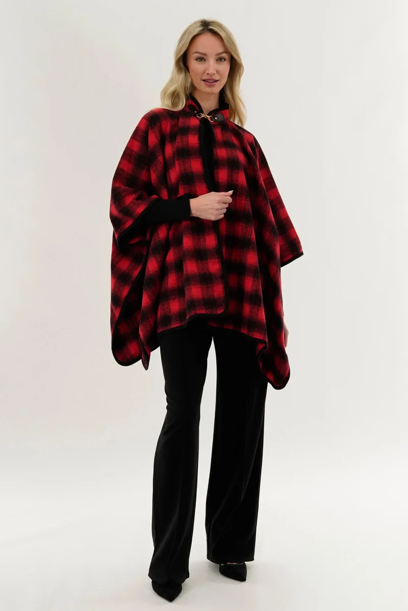 Tartan Plaid Poncho - Red - Image 5