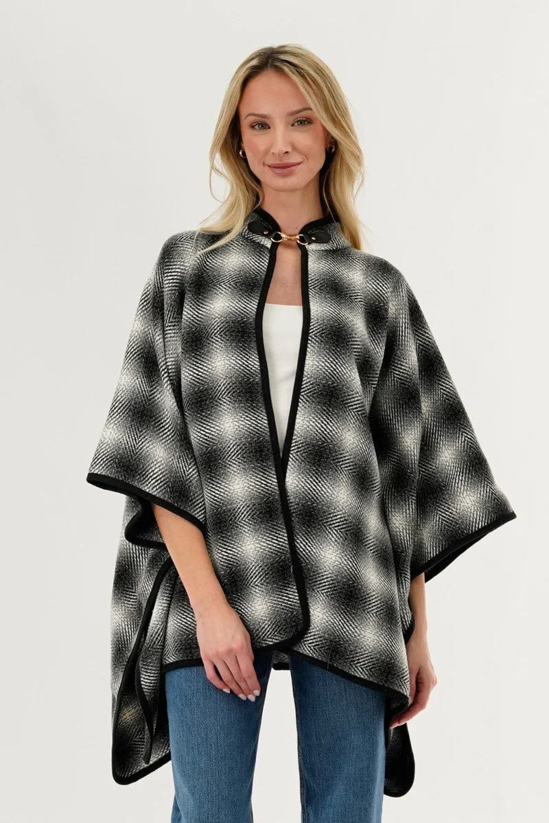Plaid Poncho - Grey