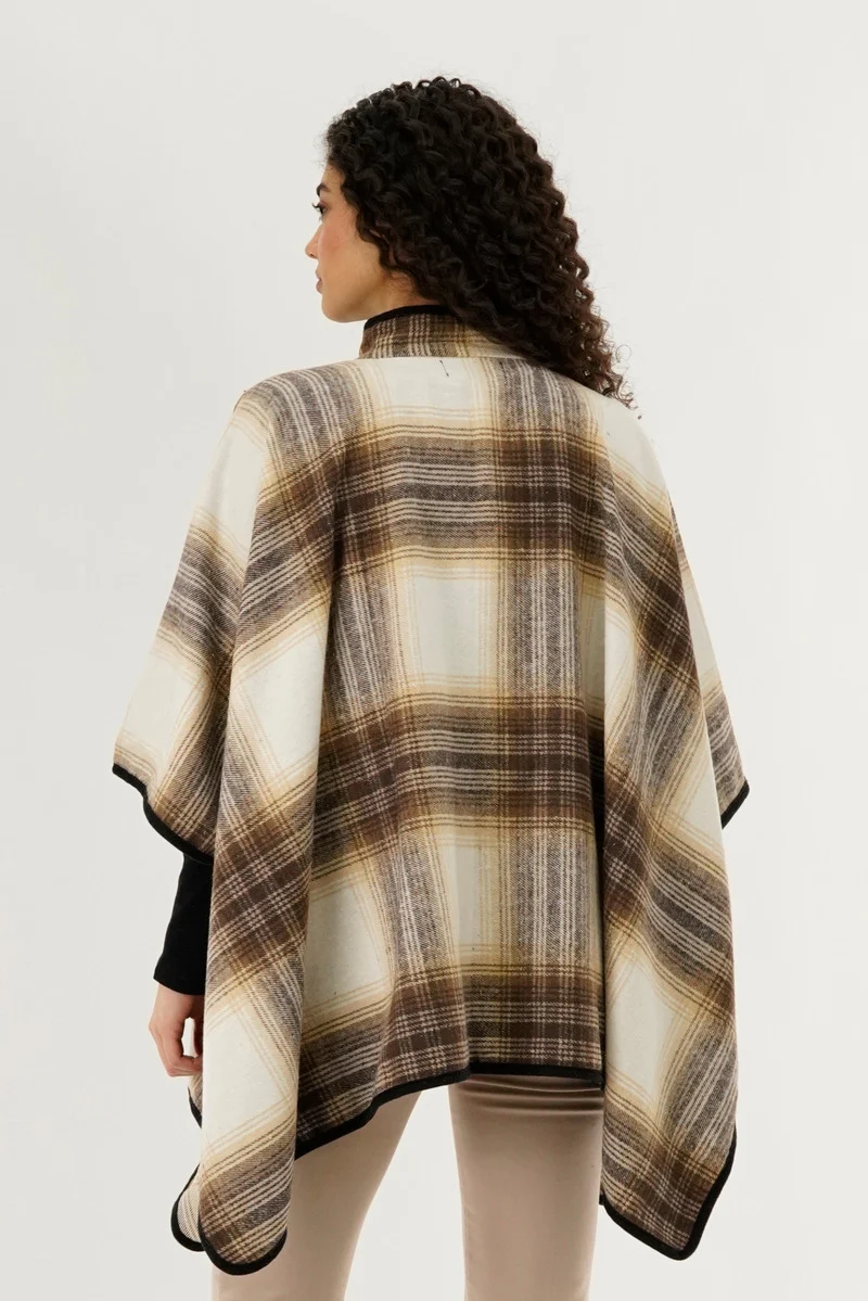 Plaid Tartan Poncho - Beige - Image 3