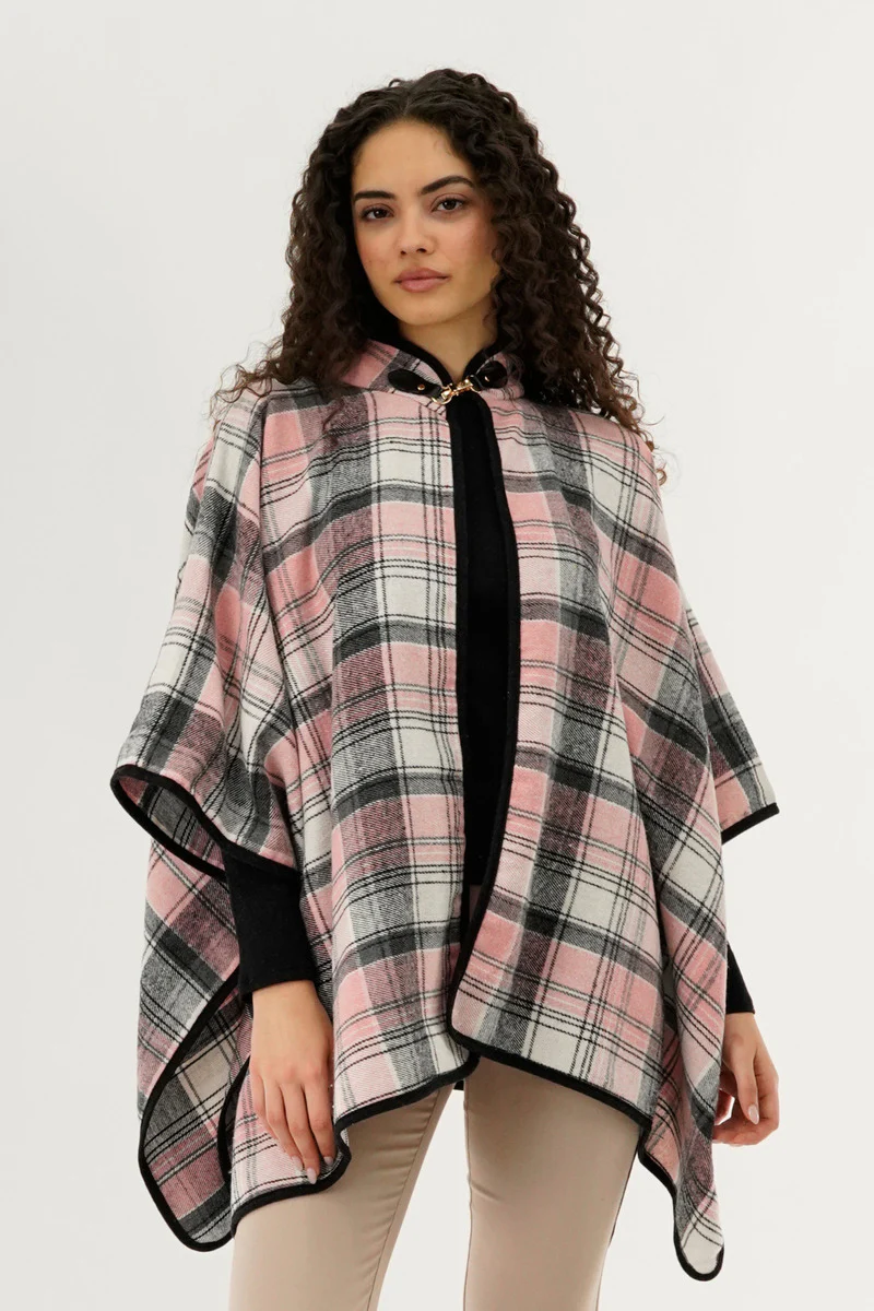 Plaid Tartan Poncho - Pink