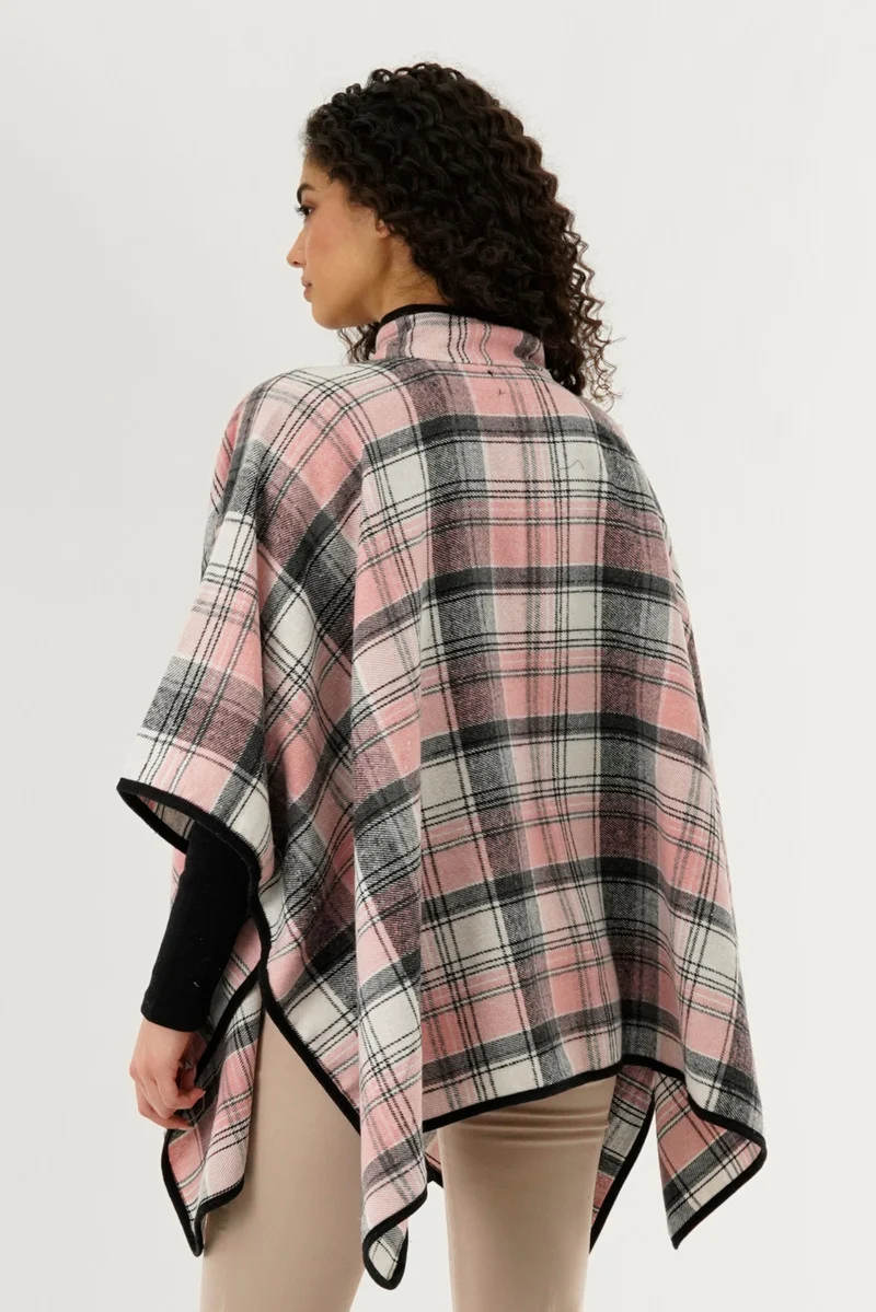 Plaid Tartan Poncho - Pink - Image 3