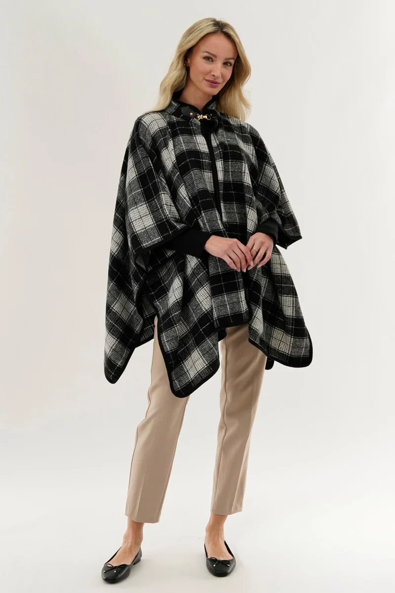 Tartan Plaid Poncho - Black - Image 5