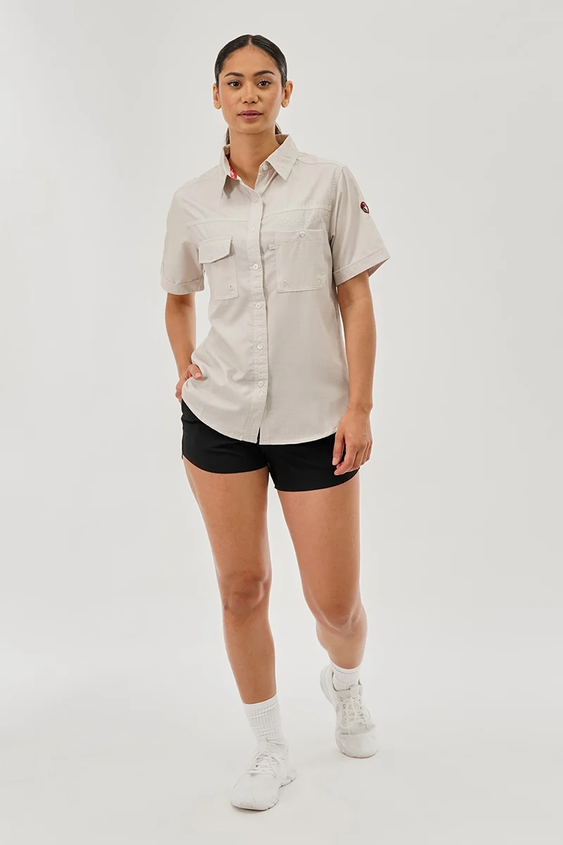 Short Sleeve Button Up Utility Shirt - Beige - Image 5