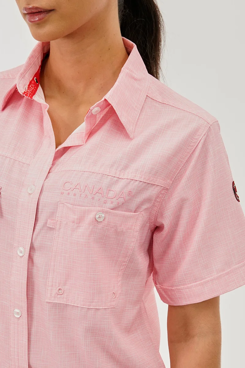Short Sleeve Button Up Utility Shirt - Pink - Image 4