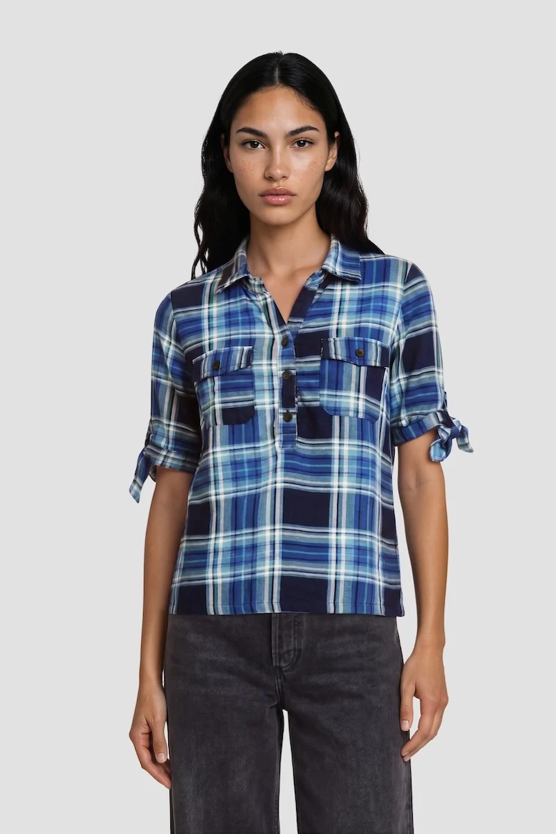Plaid Short Sleeve Button-Up Shirt - Teal