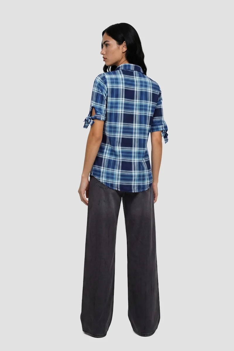 Plaid Short Sleeve Button-Up Shirt - Teal - Image 2