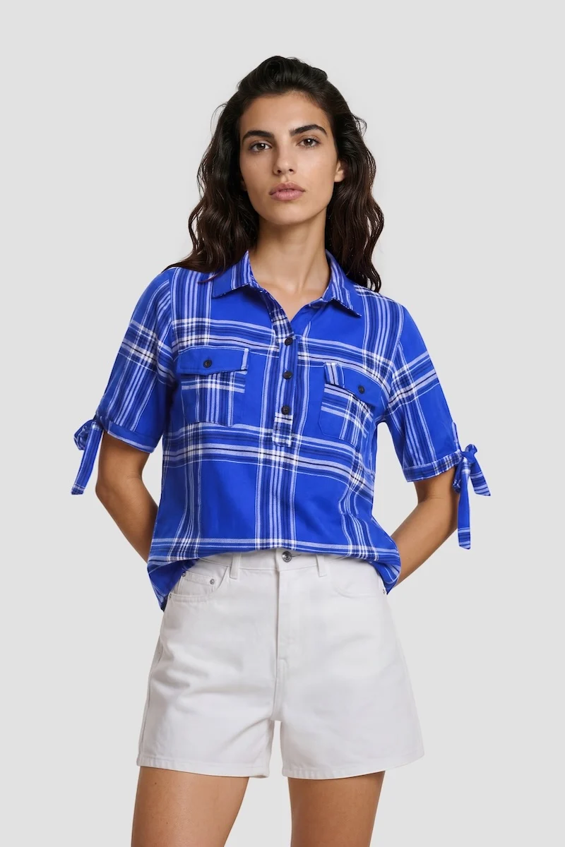 Plaid Short Sleeve Button-Up Shirt - Blue