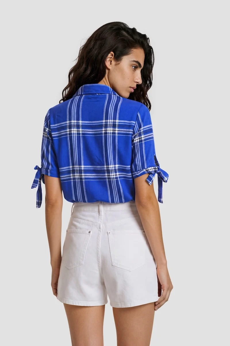 Plaid Short Sleeve Button-Up Shirt - Blue - Image 2
