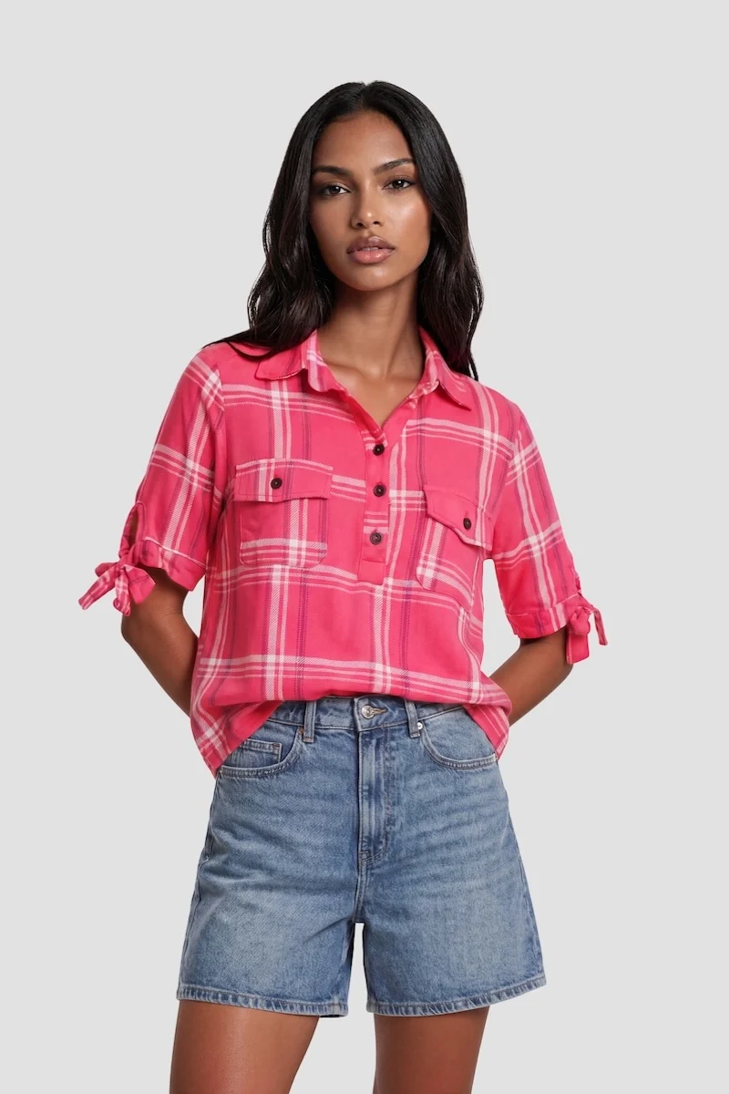 Plaid Short Sleeve Button-Up Shirt - Pink