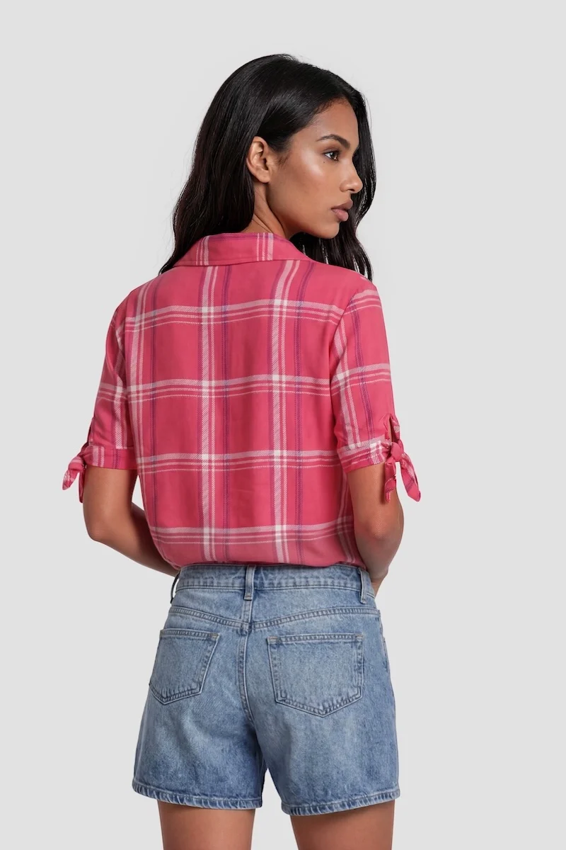 Plaid Short Sleeve Button-Up Shirt - Pink - Image 2