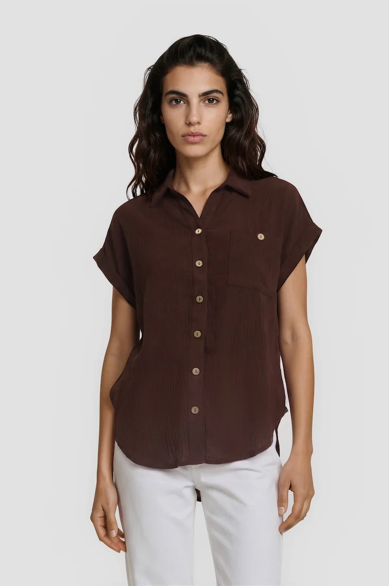 Short Sleeve Button Down Shirt - Brown