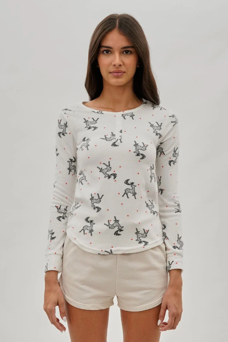 Reindeer Print Henley Pajama Top - White