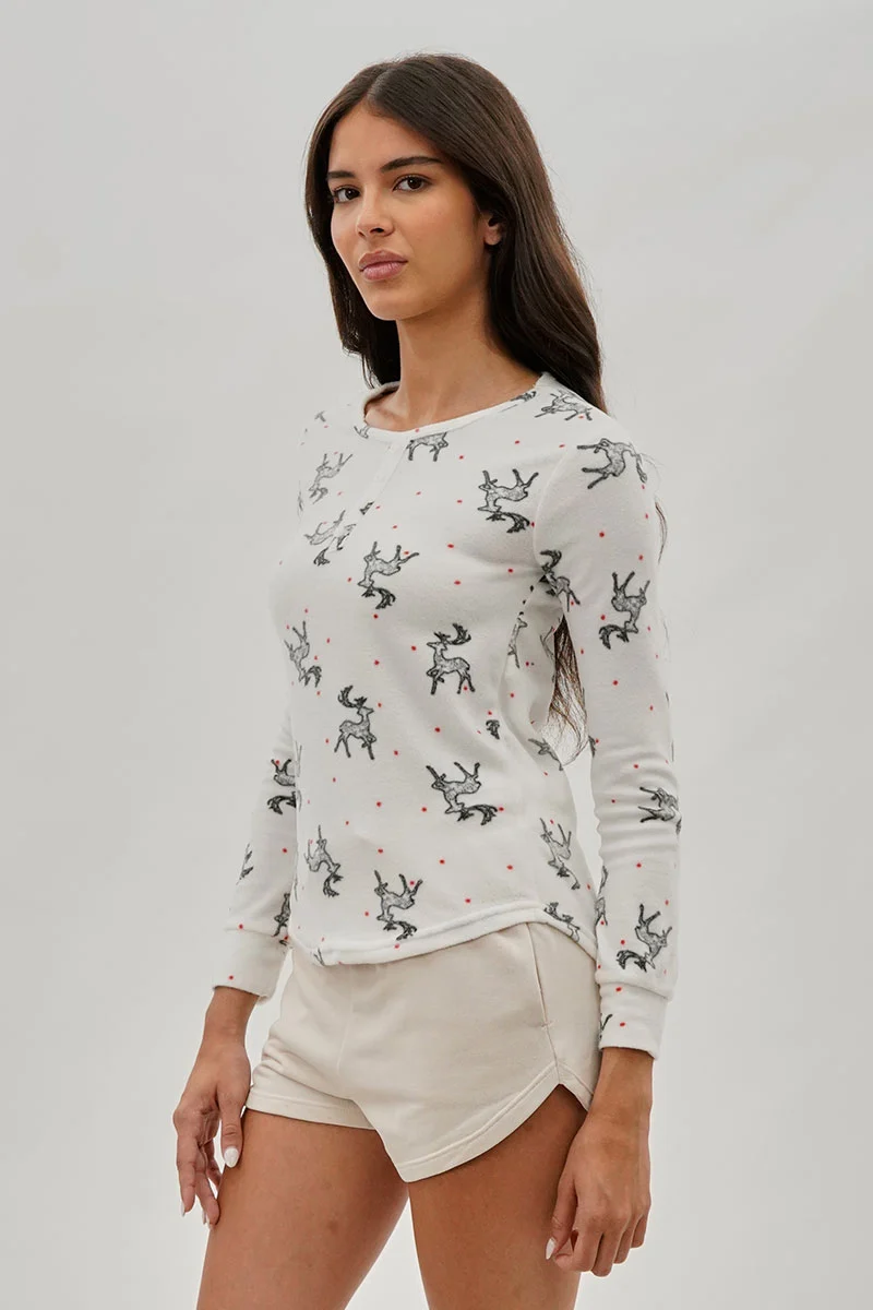 Reindeer Print Henley Pajama Top - White - Image 2