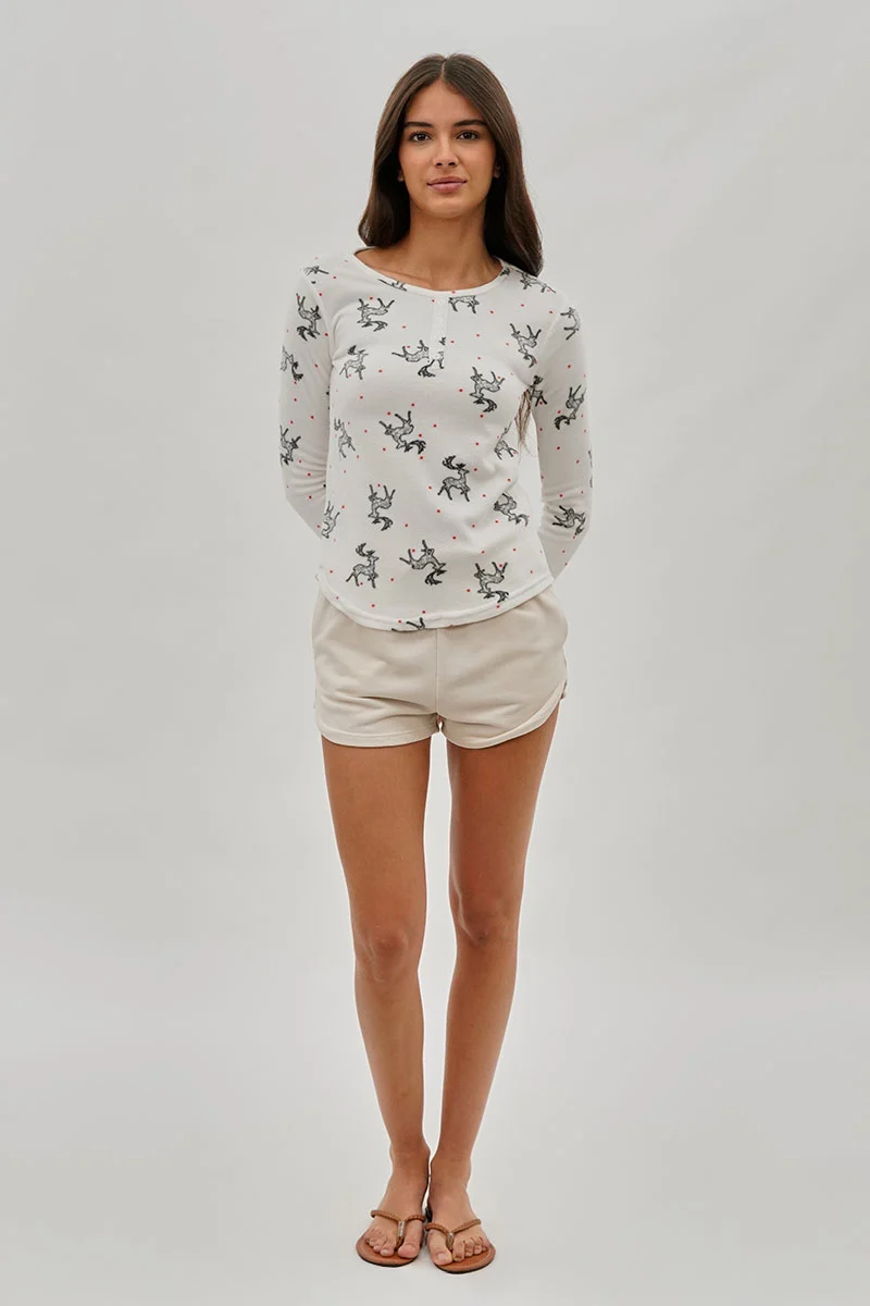 Reindeer Print Henley Pajama Top - White - Image 5