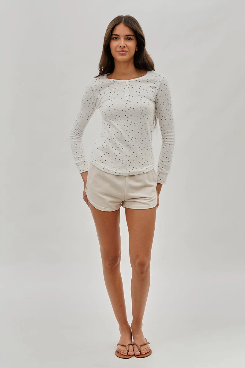 Polka Dot Print Henley Pajama Top - White - Image 5