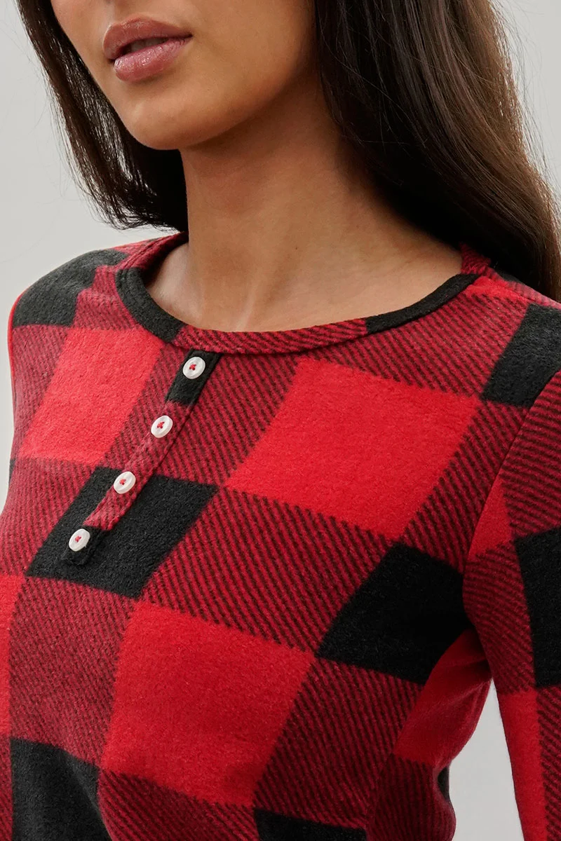 Plaid Henley Pajama Top - Red - Image 4