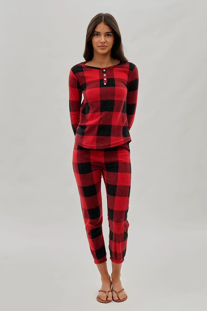 Plaid Henley Pajama Top - Red - Image 5