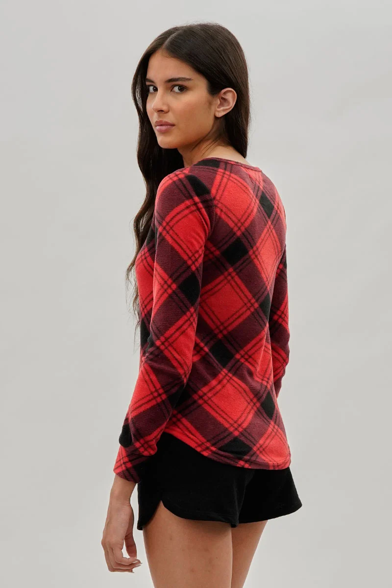 Tartan Plaid Henley Pajama Top - Red - Image 3