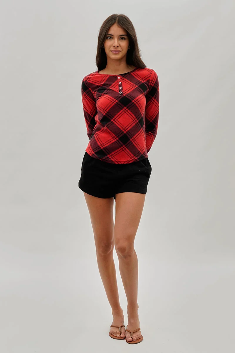 Tartan Plaid Henley Pajama Top - Red - Image 5