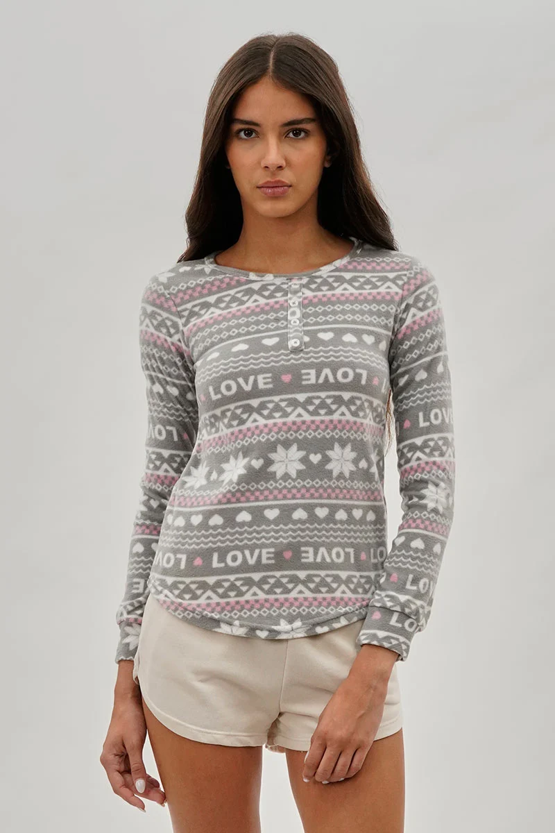 Festive Print Henley Pajama Top - Grey