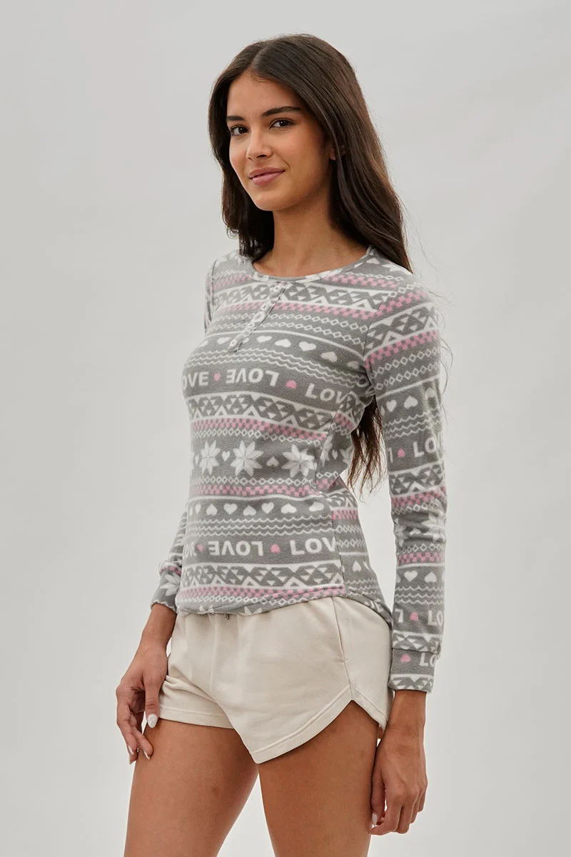 Festive Print Henley Pajama Top - Grey - Image 2