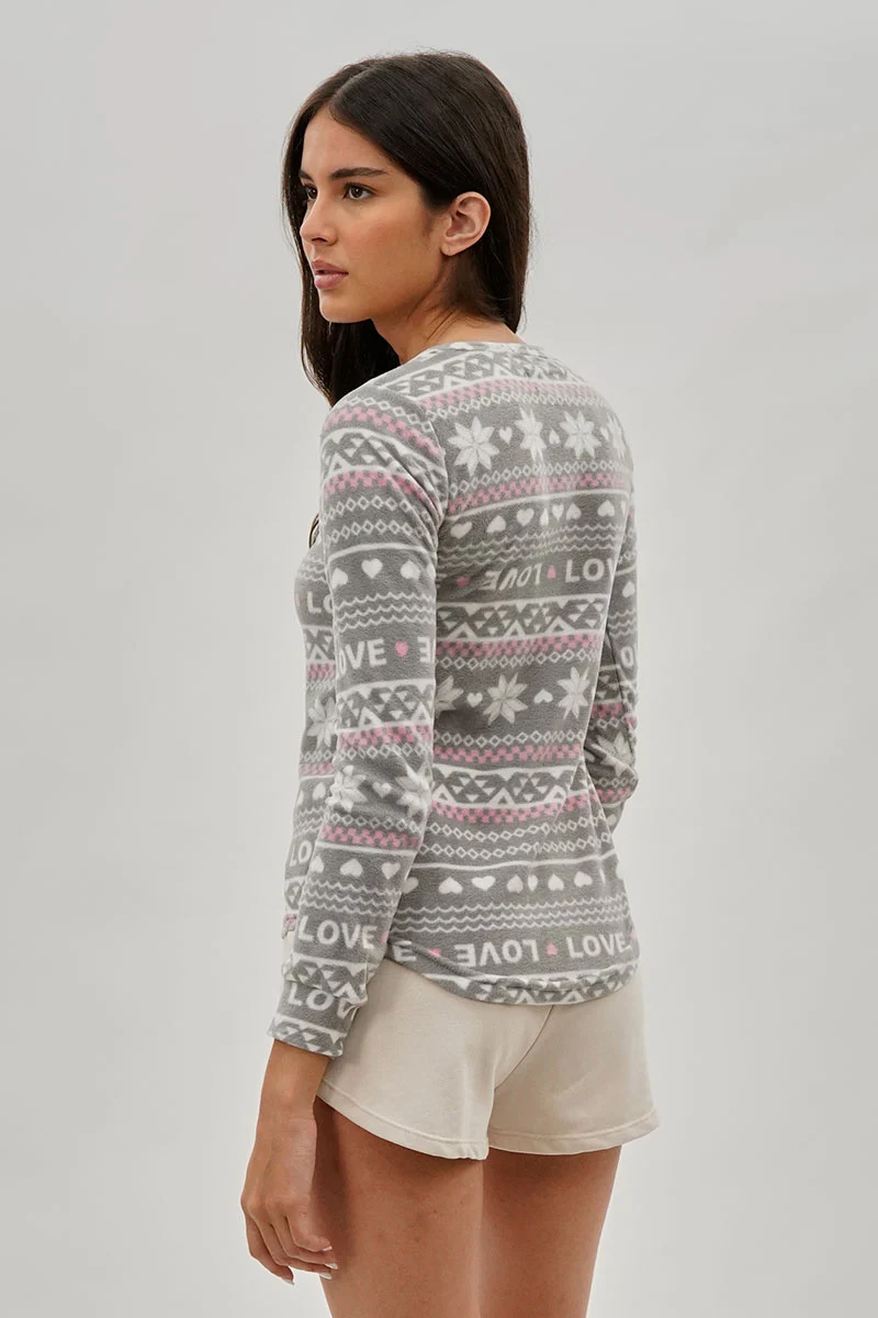 Festive Print Henley Pajama Top - Grey - Image 3