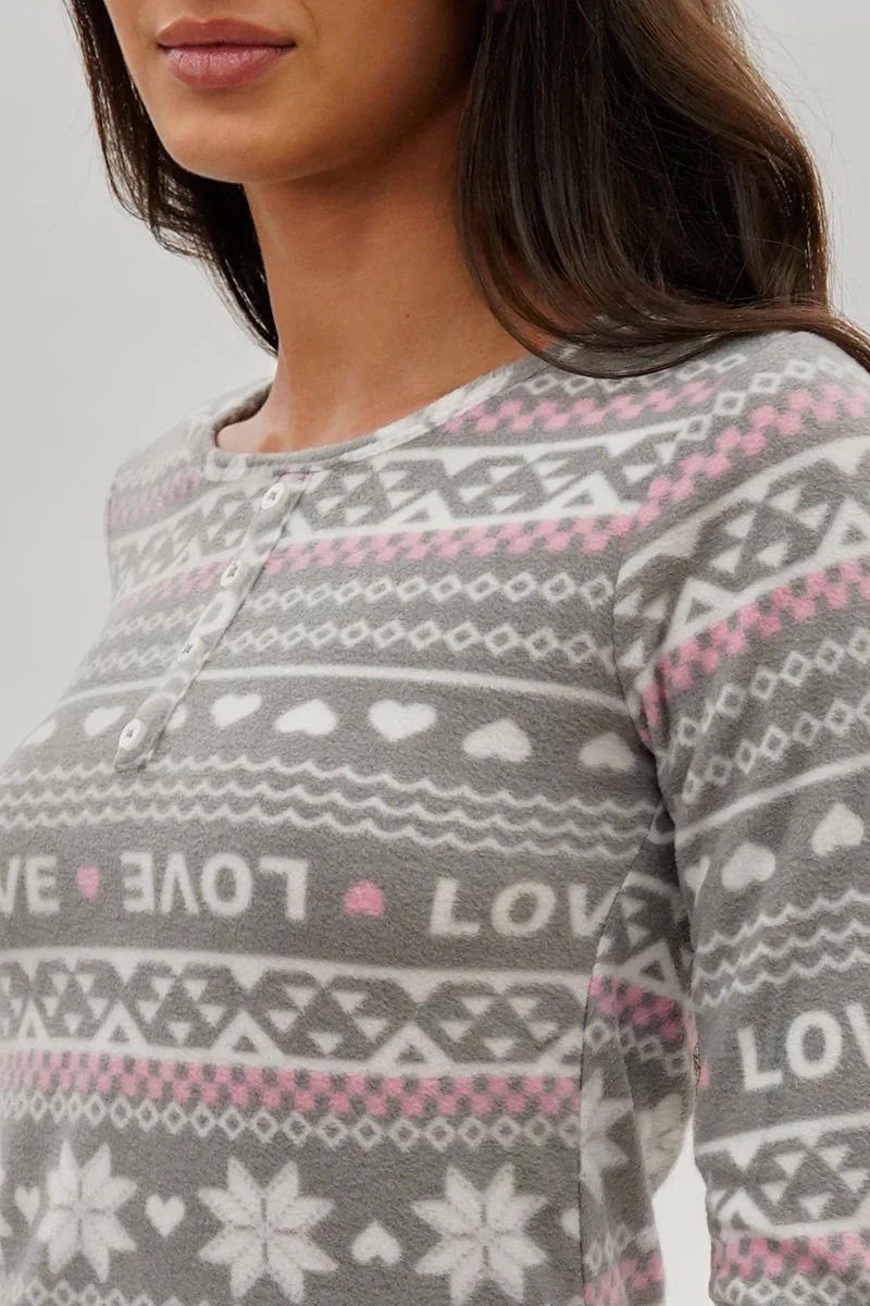 Festive Print Henley Pajama Top - Grey - Image 4