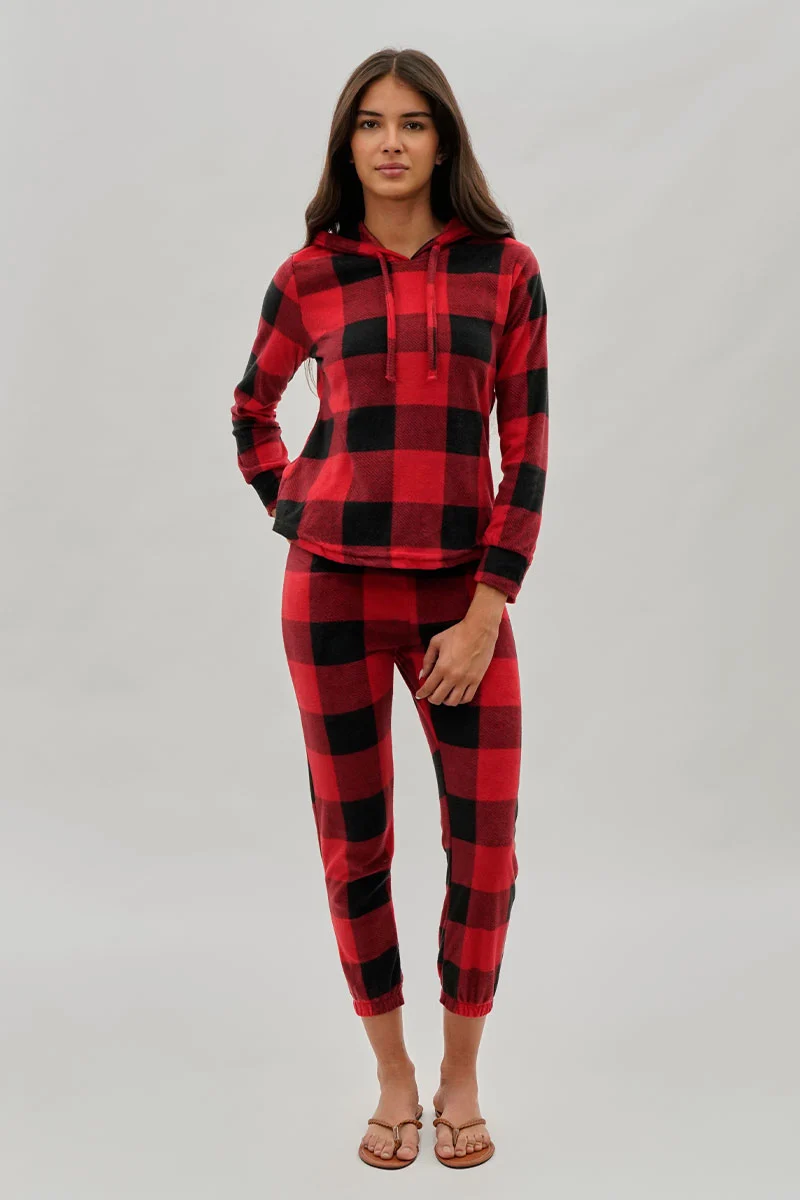 Plaid Hooded Pajama Top - Red - Image 5
