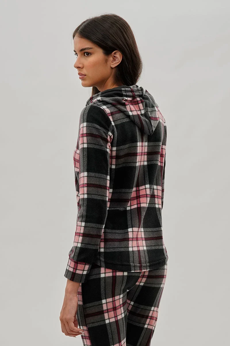 Plaid Hooded Pajama Top - Black - Image 3