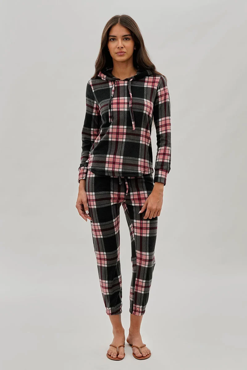 Plaid Hooded Pajama Top - Black - Image 5