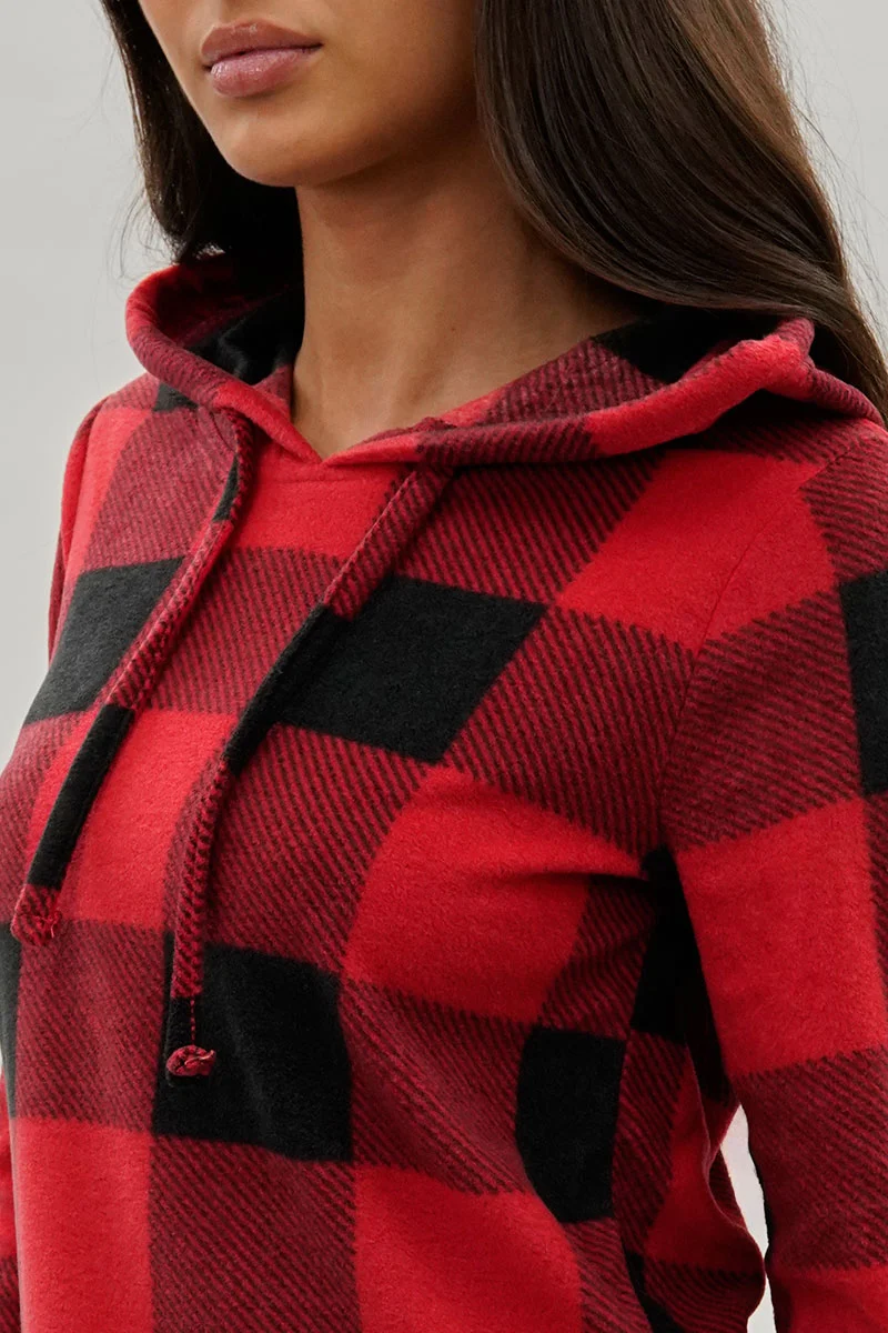 Plaid Hooded Pajama Top - Red - Image 4