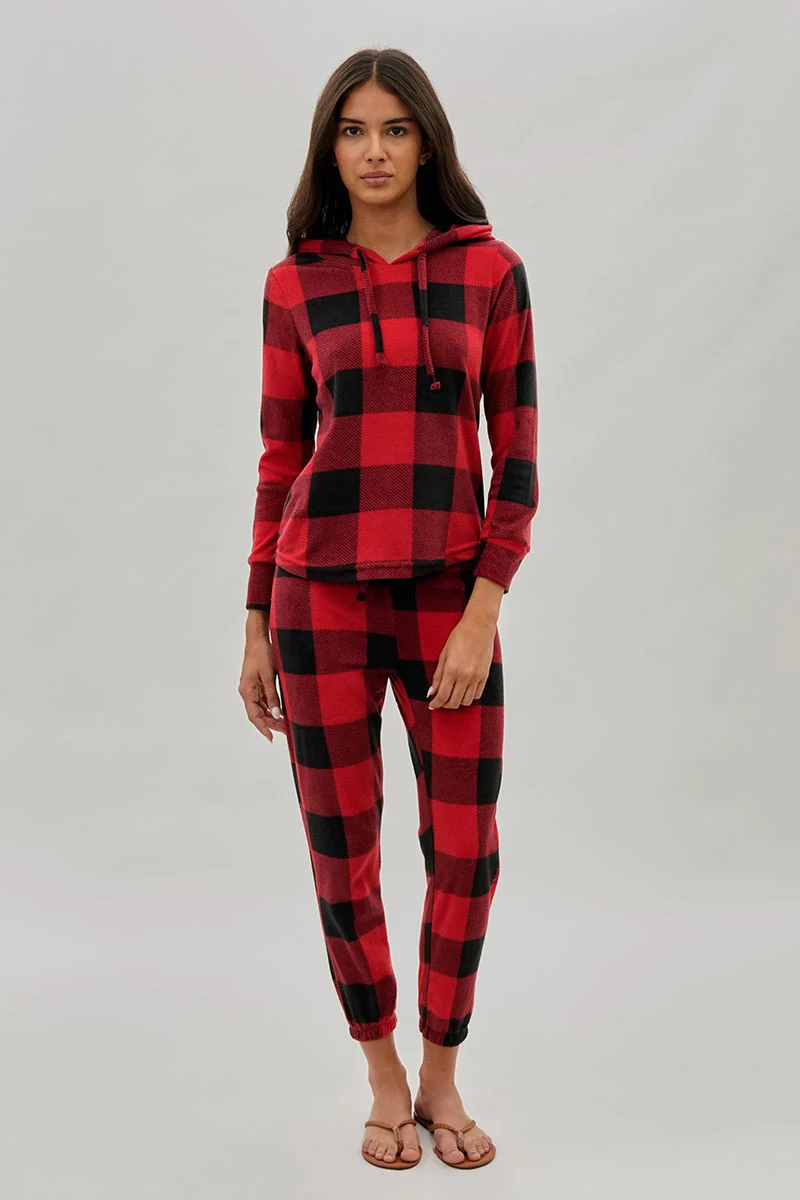 Plaid Hooded Pajama Top - Red - Image 5
