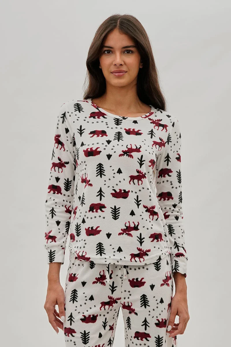 Winter Print Crewneck Pajama Top - White
