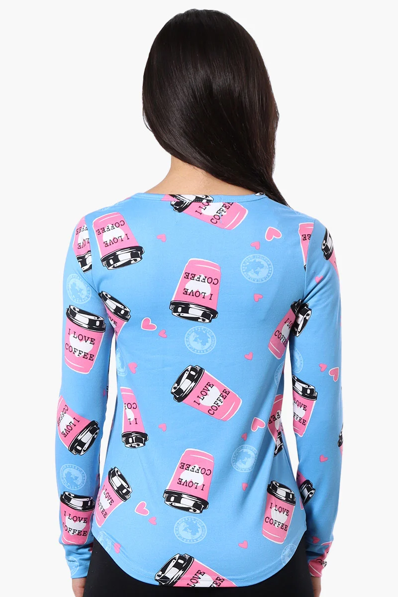 I Love Coffee Pattern Henley Pajama Top - Blue - Image 3