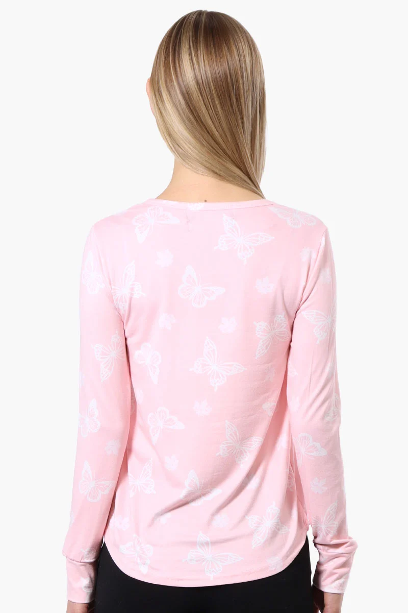 Butterfly Pattern Henley Pajama Top - Pink - Image 3