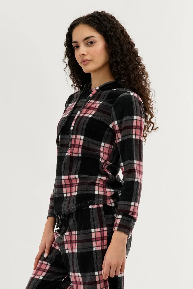 Plaid Hooded Pajama Top - Black - Image 2