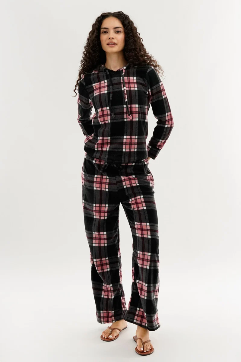 Plaid Hooded Pajama Top - Black - Image 5