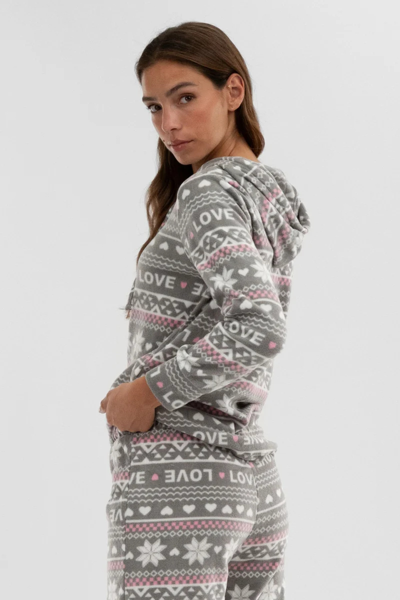 Festive Print Hooded Pajama Top - Grey - Image 3