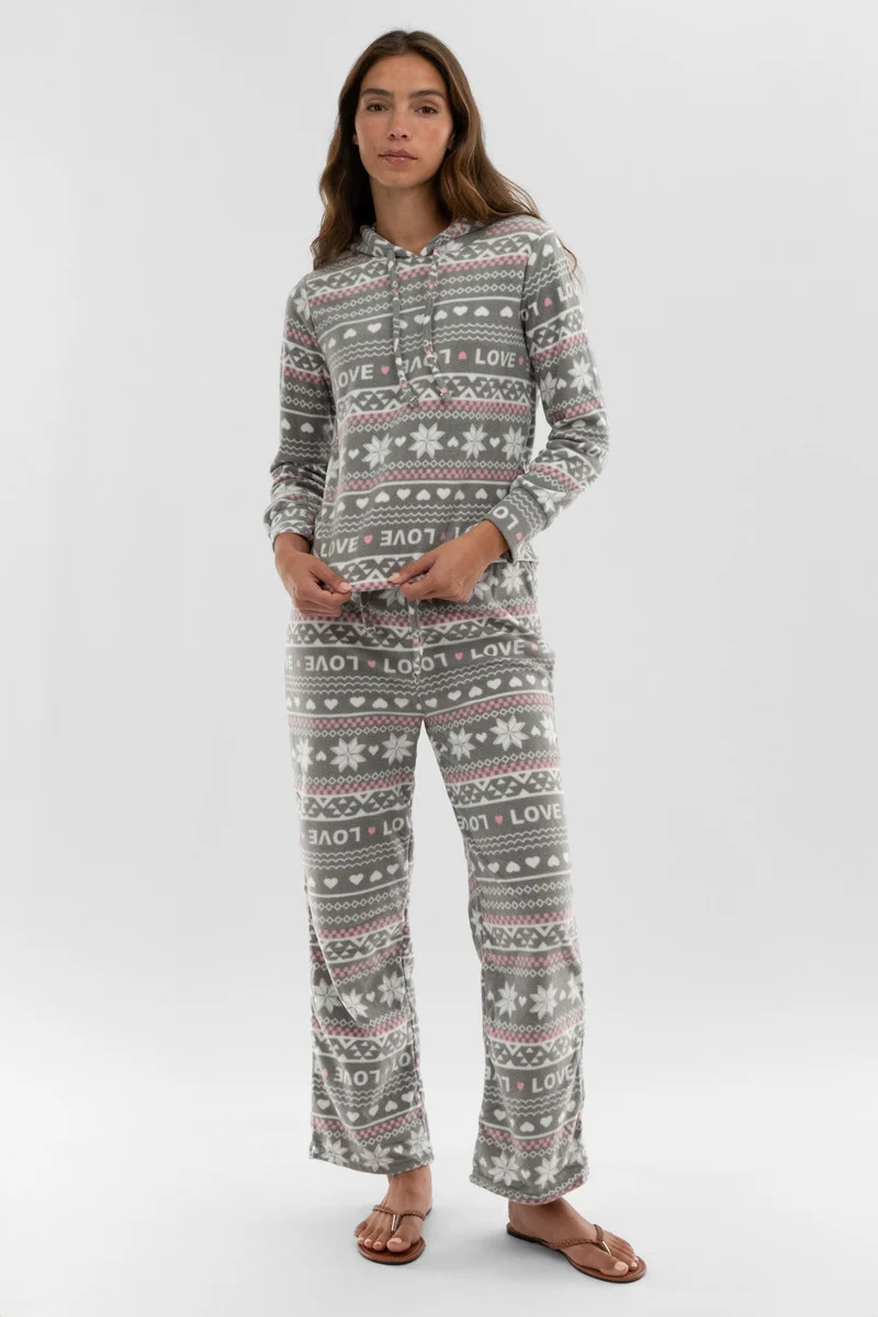 Festive Print Hooded Pajama Top - Grey - Image 5