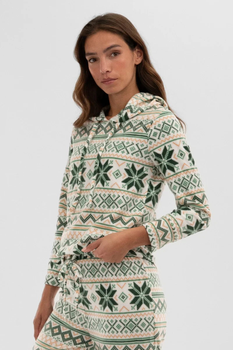 Festive Print Hooded Pajama Top - White - Image 2