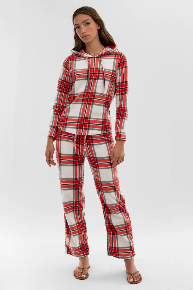 Plaid Hooded Pajama Top - White - Image 5