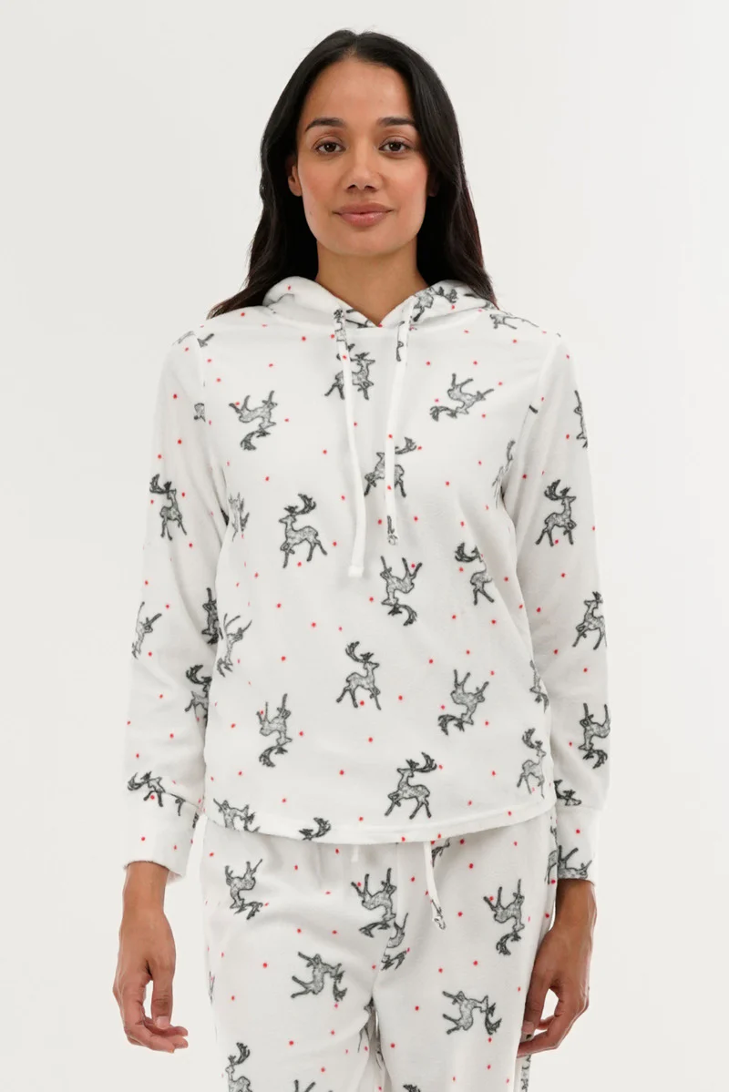 Reindeer Print Hooded Pajama Top - White