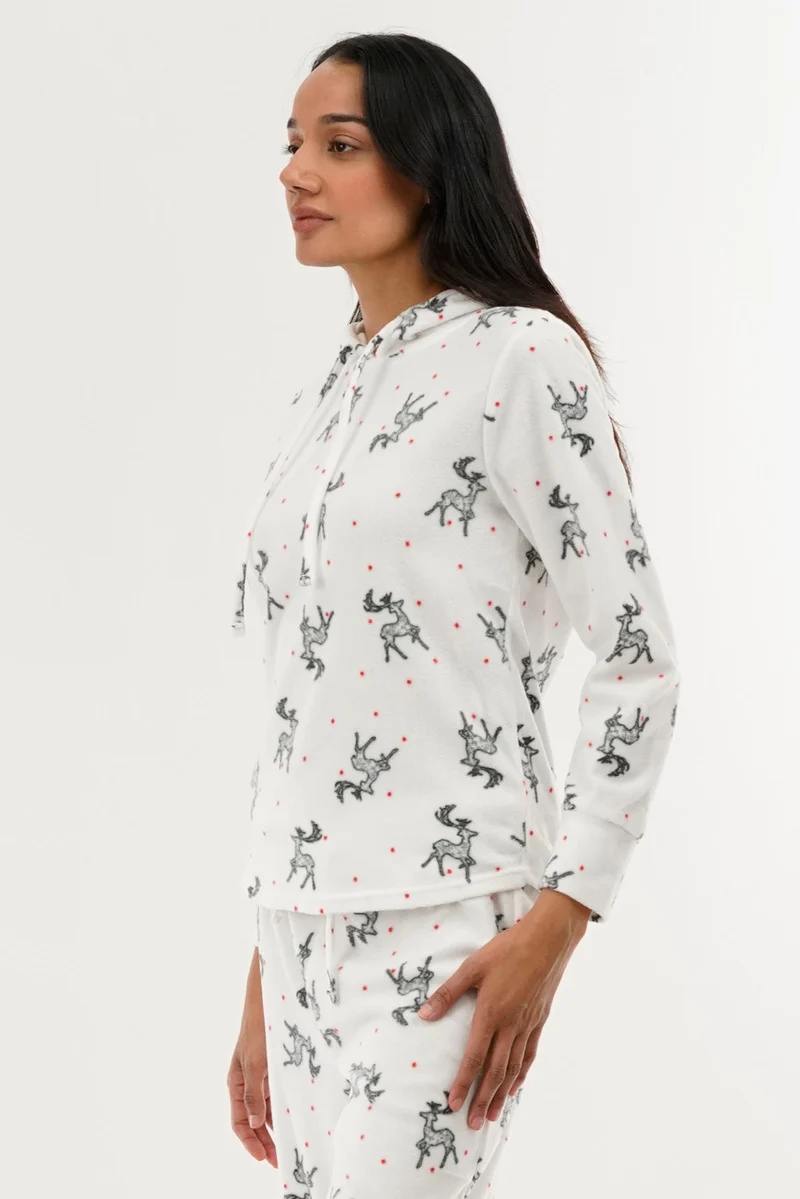Reindeer Print Hooded Pajama Top - White - Image 2