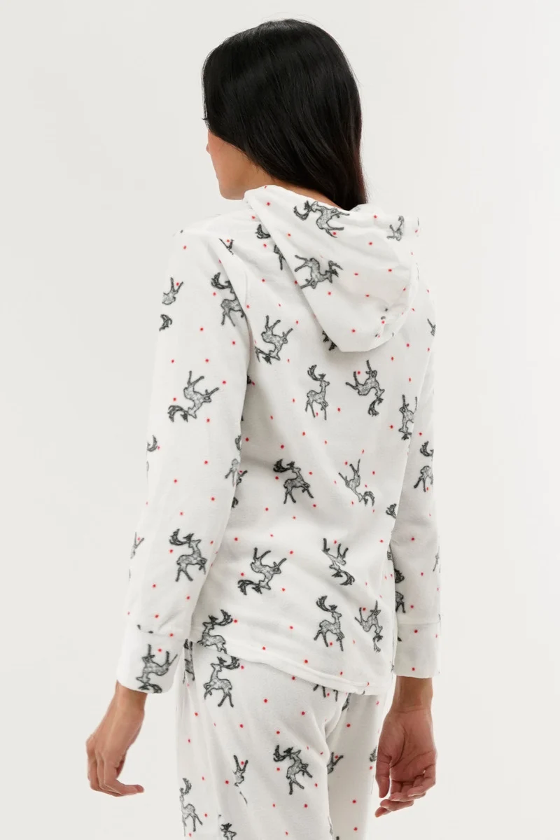 Reindeer Print Hooded Pajama Top - White - Image 3