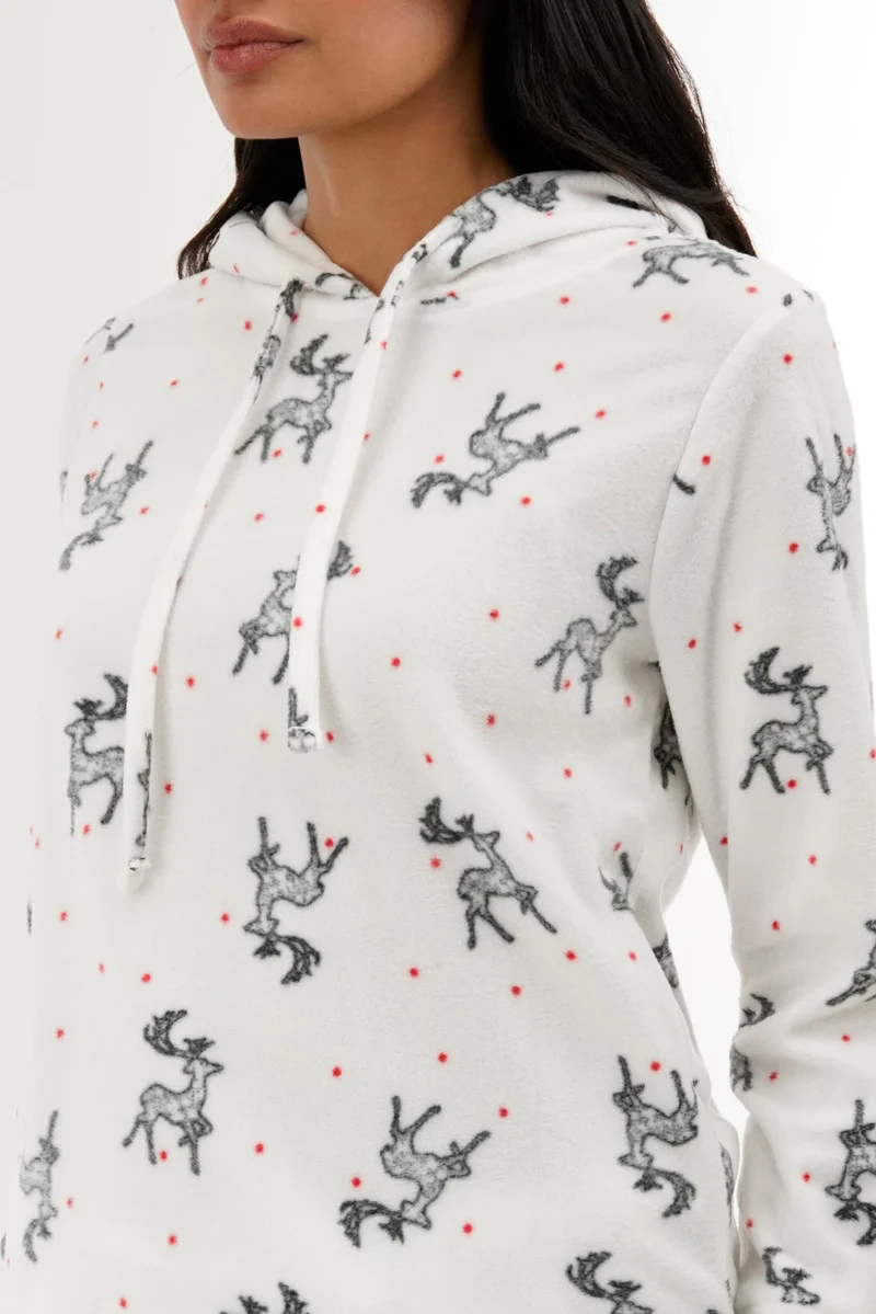 Reindeer Print Hooded Pajama Top - White - Image 4